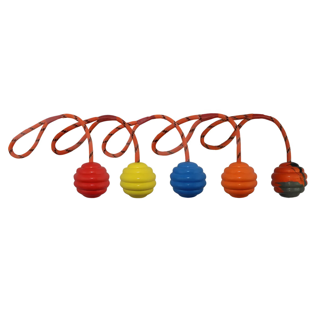 Multi-colour rubber pet toy ball with rope knots for interactive training