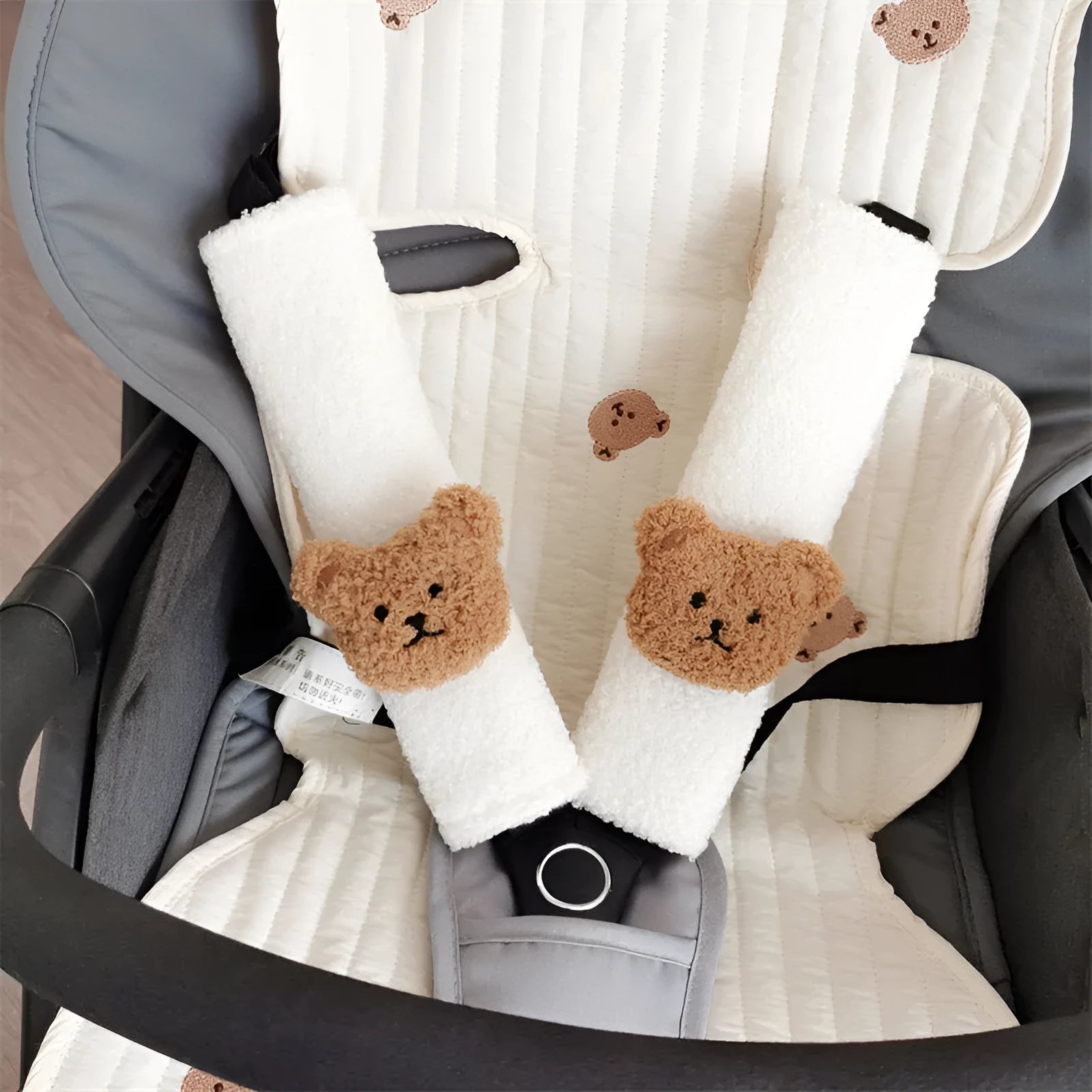 Cartoon bear plush baby car seat belt protective cover showing khaki and coffee colour options