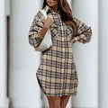 Women's printed plaid plus size shirt dress in green, cotton fabric, button front, pocket detail, British style