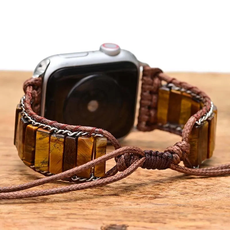 Men's rectangular tiger eye stone chain watch strap bracelet with adjustable textile band