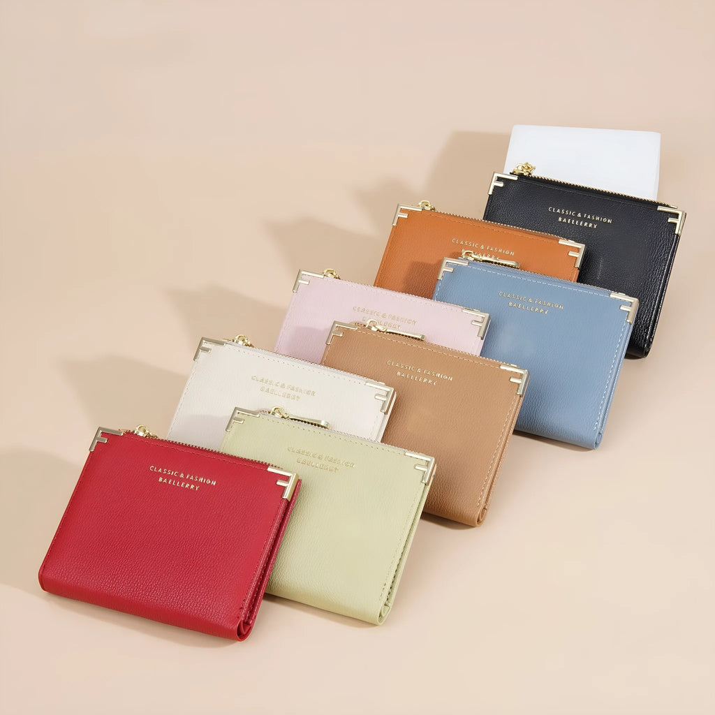 Compact pink PU leather women's wallet with multiple card slots and a zip coin purse.