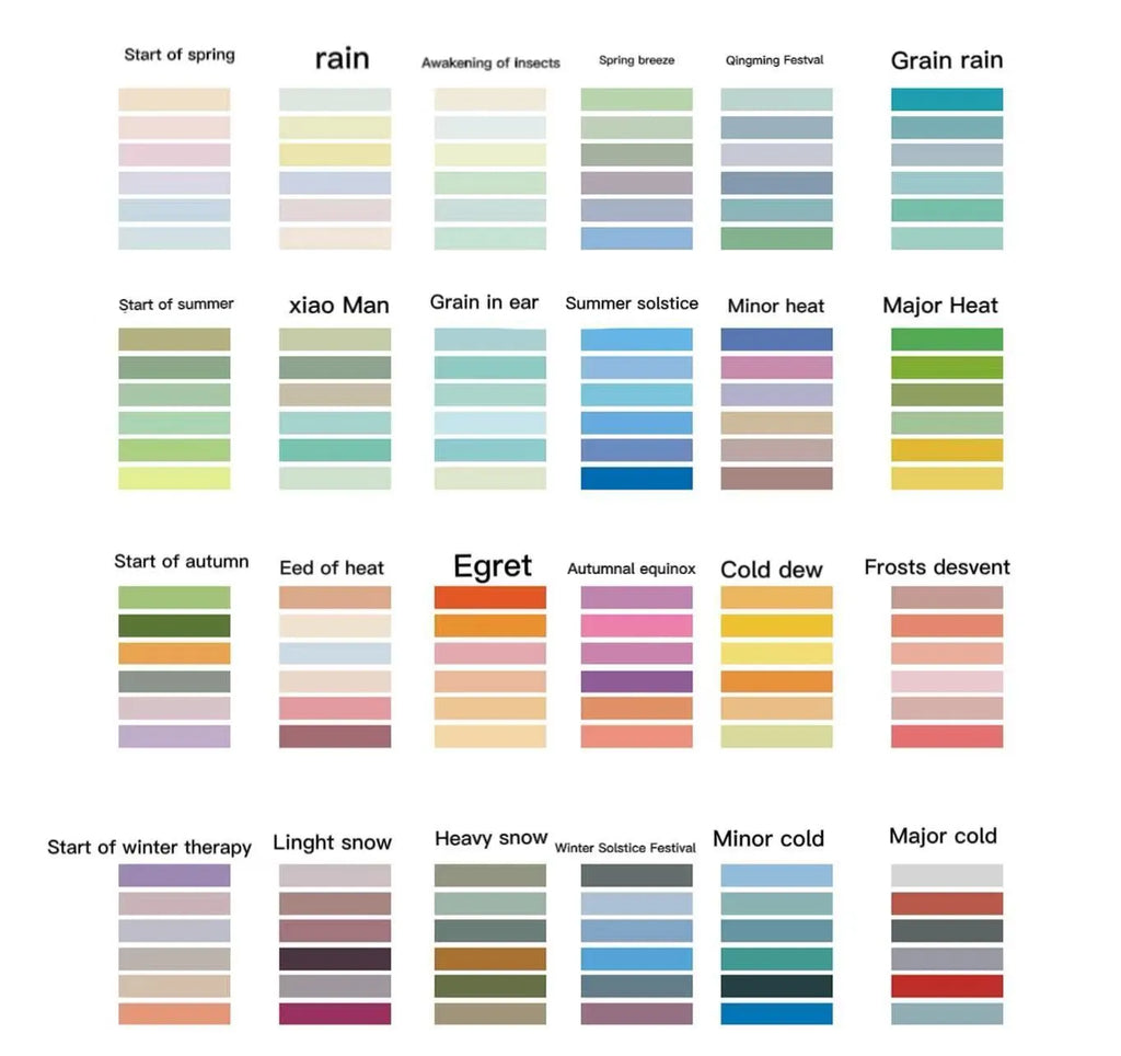 Set of six rolls of solid colour paper tape printed with Chinese solar terms, 9mm by 3 metres each