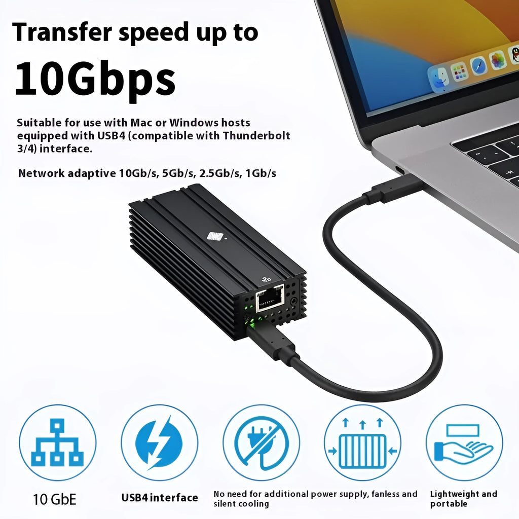 Black Leyu USB4 to 10 Gigabit RJ45 network adapter with a short attached cable