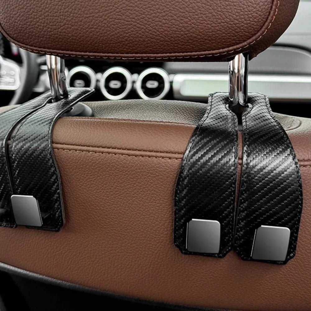 Car seat back hook 25 kg load capacity carbon fibre metal foldable headrest hanger black