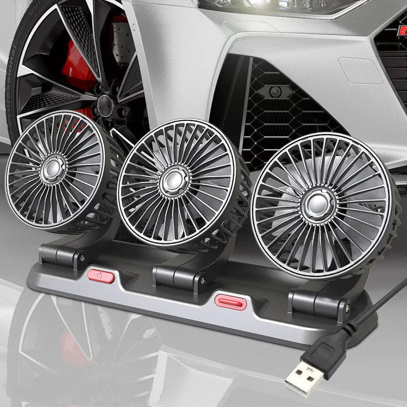 Three-head 12V car cooling fan with adjustable heads and a long cable for cigarette lighter or USB power.
