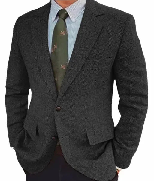 Men's brown herringbone pattern suit jacket with long sleeves and a flax lining.