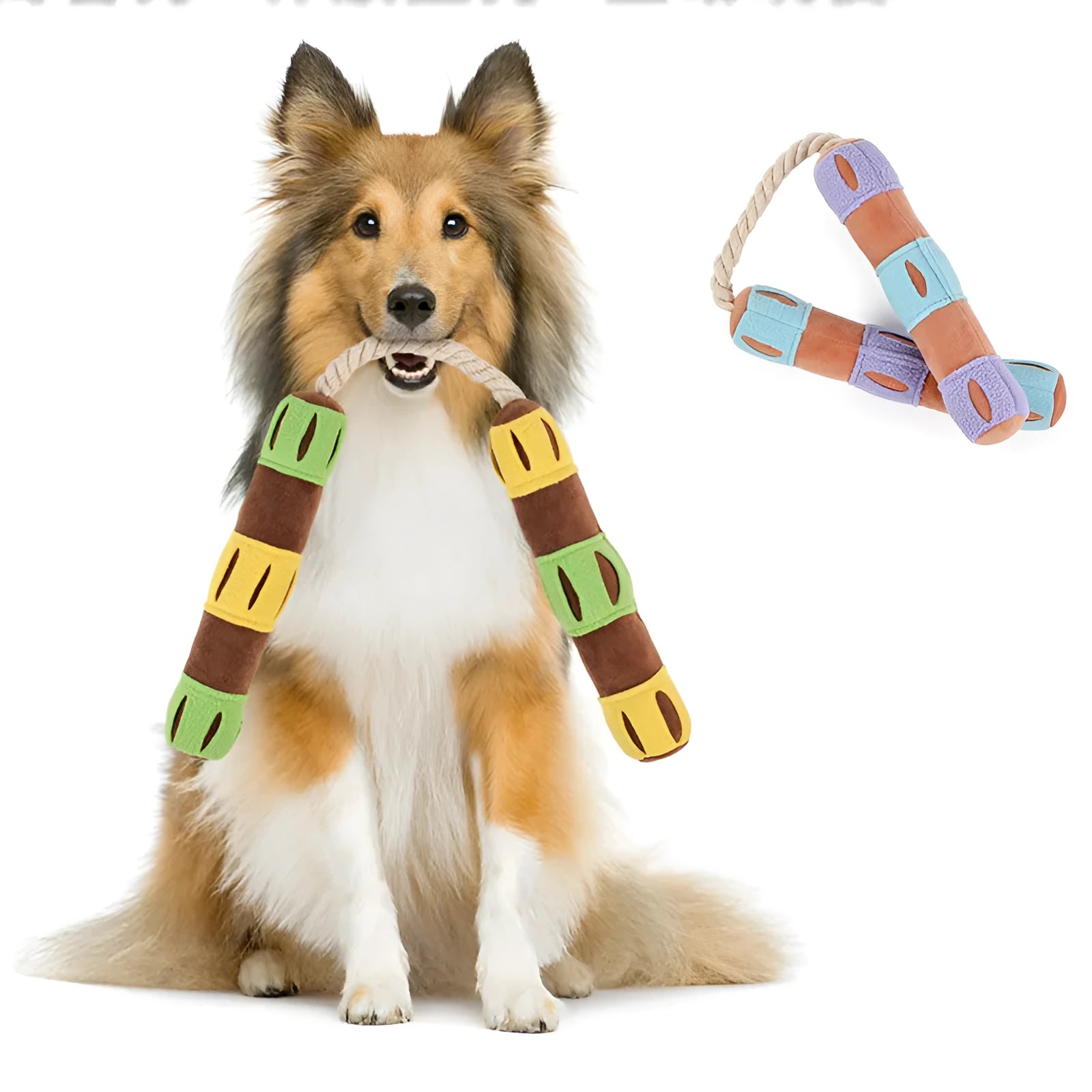 Purple and yellow plush dog snuffle mat used as a slow feeder and interactive puzzle toy.