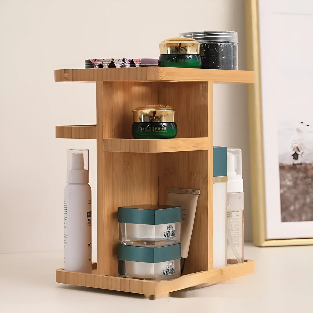 Bamboo rotating storage rack with grid shelves measuring 25×18×29cm