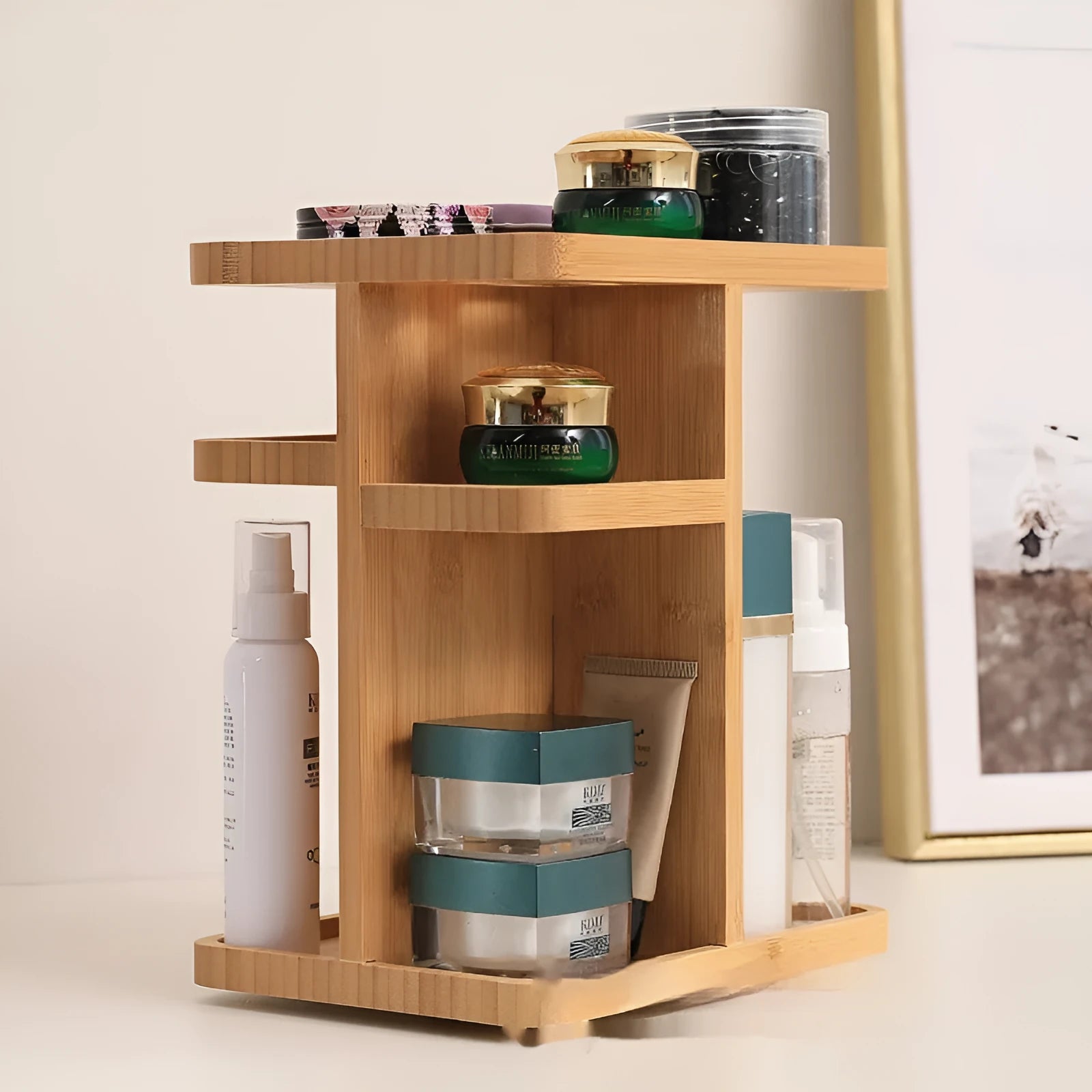 Bamboo rotating storage rack with grid shelves measuring 25×18×29cm