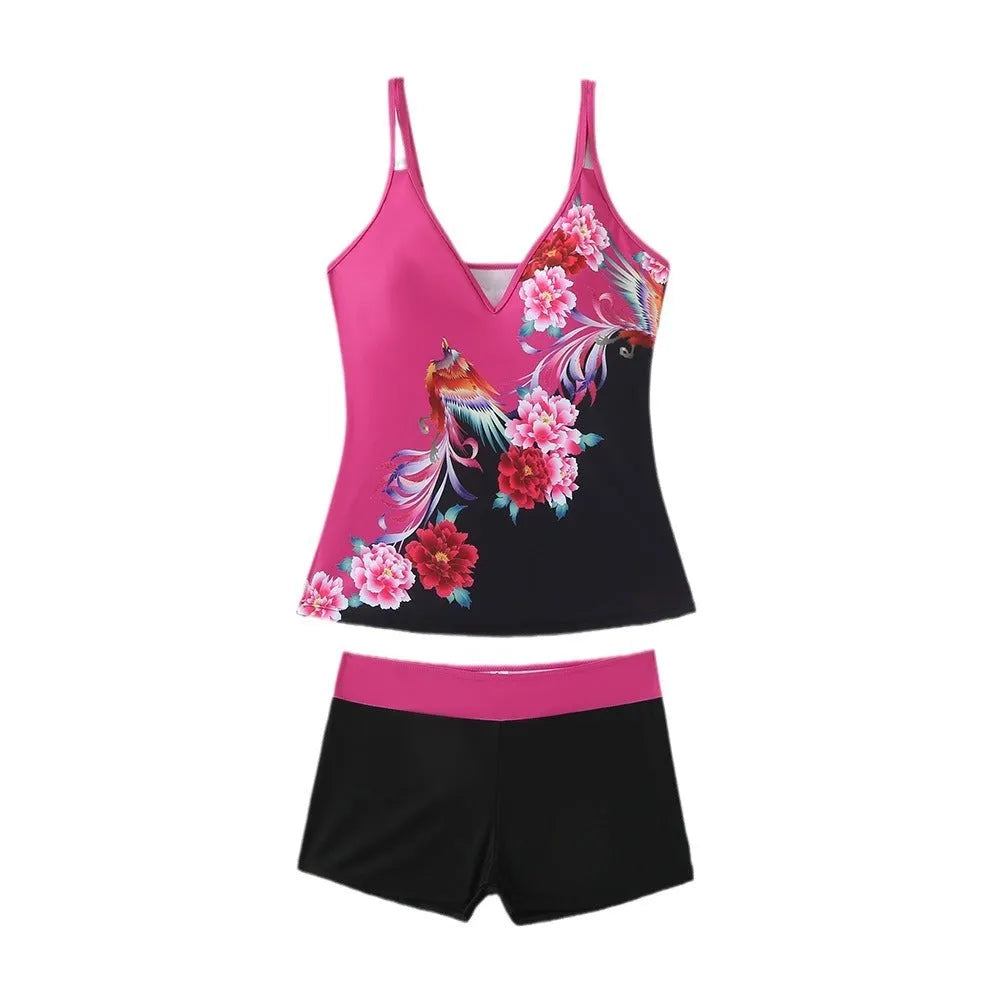 Plus size women's printed swimsuit briefs in black or rose red with cotton lining