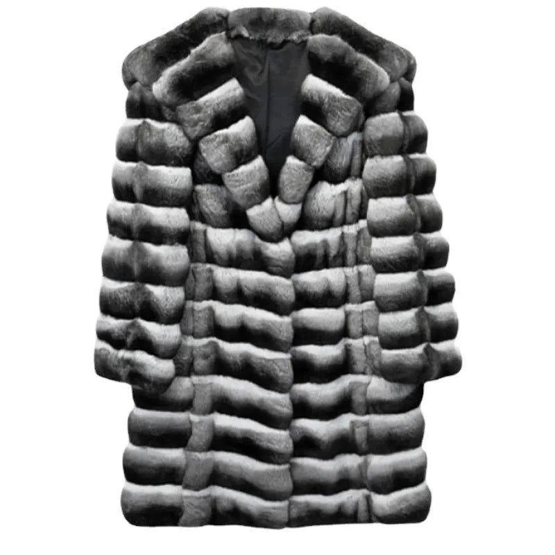 Women's zebra stripe artificial mink faux fur overcoat with regular sleeves and mid-length design