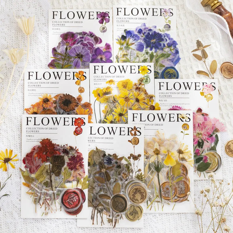 Square dried flower and fire paint design journal stickers in eight colour styles including purple, blue, orange, and pink.