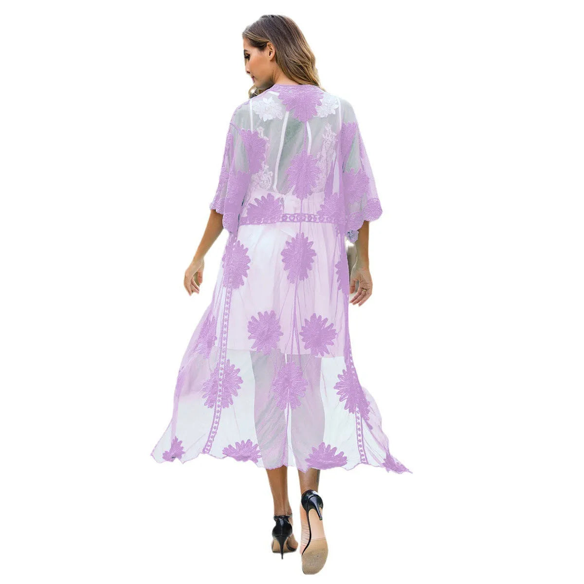 Light purple women's beach cover-up dress with cotton lining, shown as a cardigan-style swimsuit outer layer.