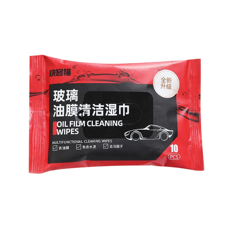 Pack of 10 portable glass oil film removing wipes with degreasing formulation on a white background