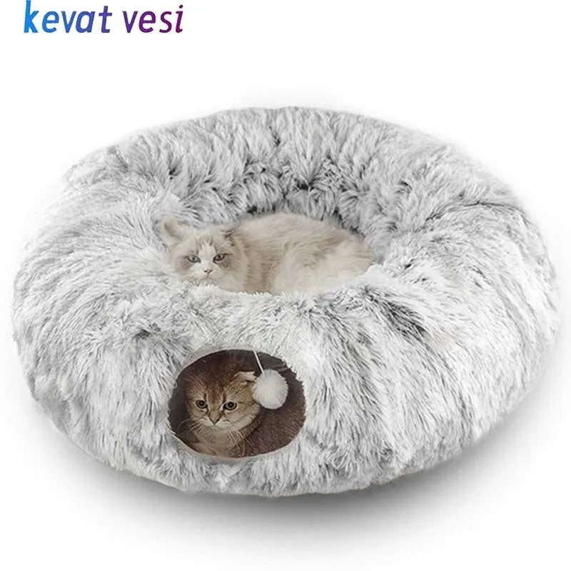 Plush cat bed with tunnel in donut shape, removable cushion, non-slip base for indoor cats