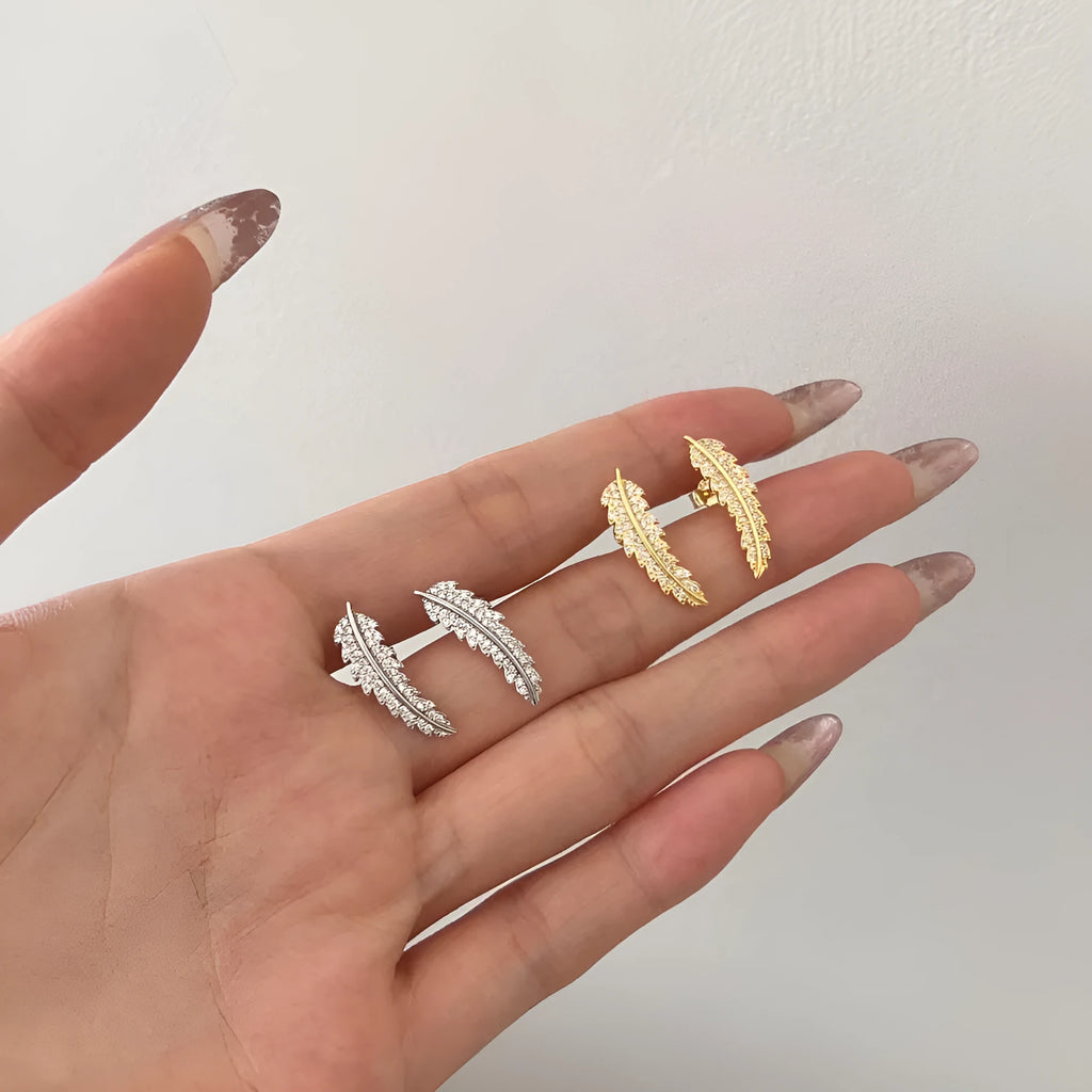 Leaf-shaped zircon inlaid S925 sterling silver stud earrings in gold colour for women