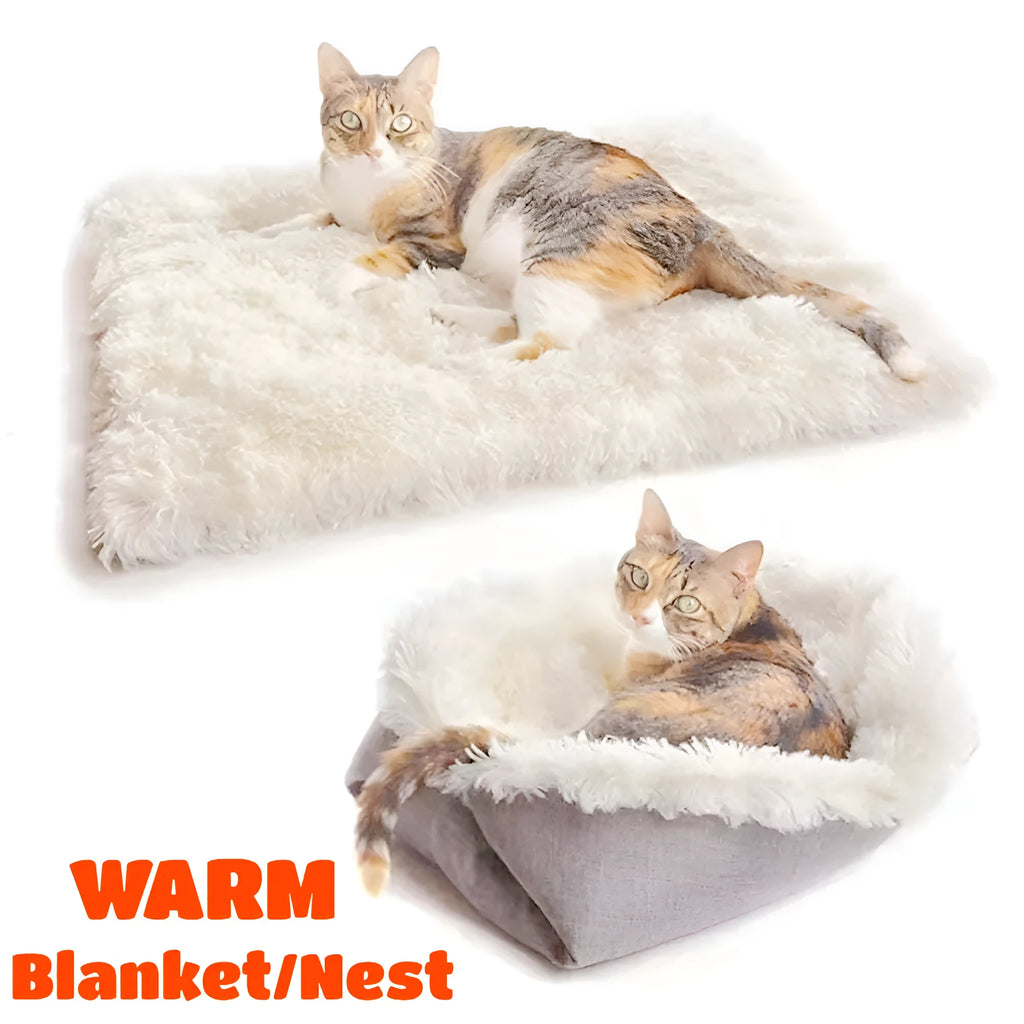 Grey pet blanket nest with long fluffy plush and black non-slip bottom for cats and dogs