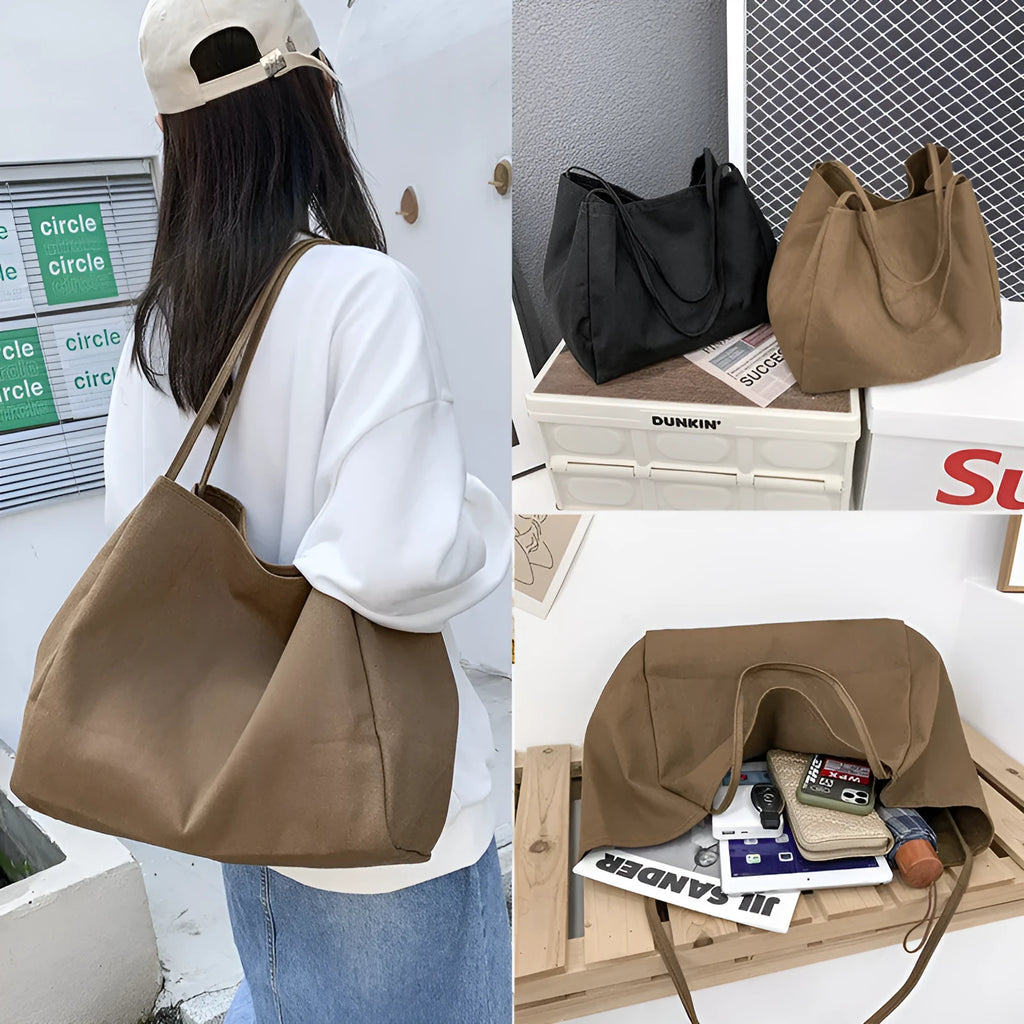 Women's solid colour canvas handbag showing horizontal square shape and double shoulder straps