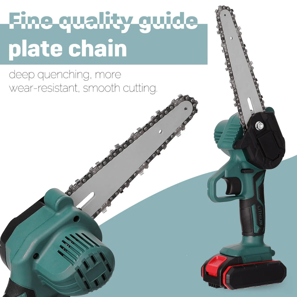 Black mini electric chainsaw with green accents, held in one hand, showing compact size and 4-inch guide bar.