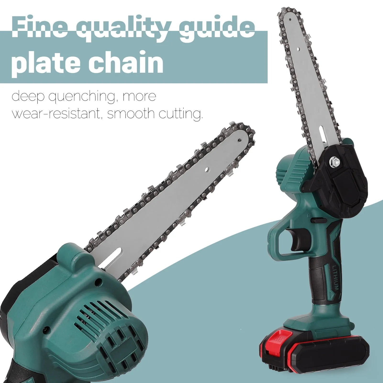Black mini electric chainsaw with green accents, held in one hand, showing compact size and 4-inch guide bar.
