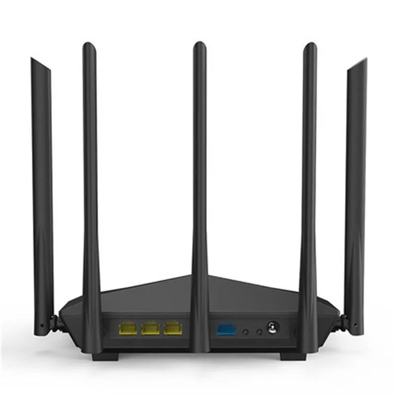 AC11 Gigabit wireless router in black with 8-pin pure copper ports and three LAN ports on the back