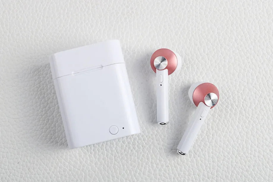 Wireless sports Bluetooth earbuds showing multiple colour options with 10-metre range