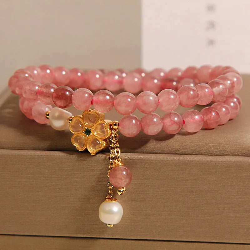Strawberry quartz four-leaf clover double ring bracelet for women with alloy inlay