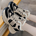 Women's winter thermal fleece-lined sneakers, round toe, mid heel, front lace-up, in black, blue, and gray