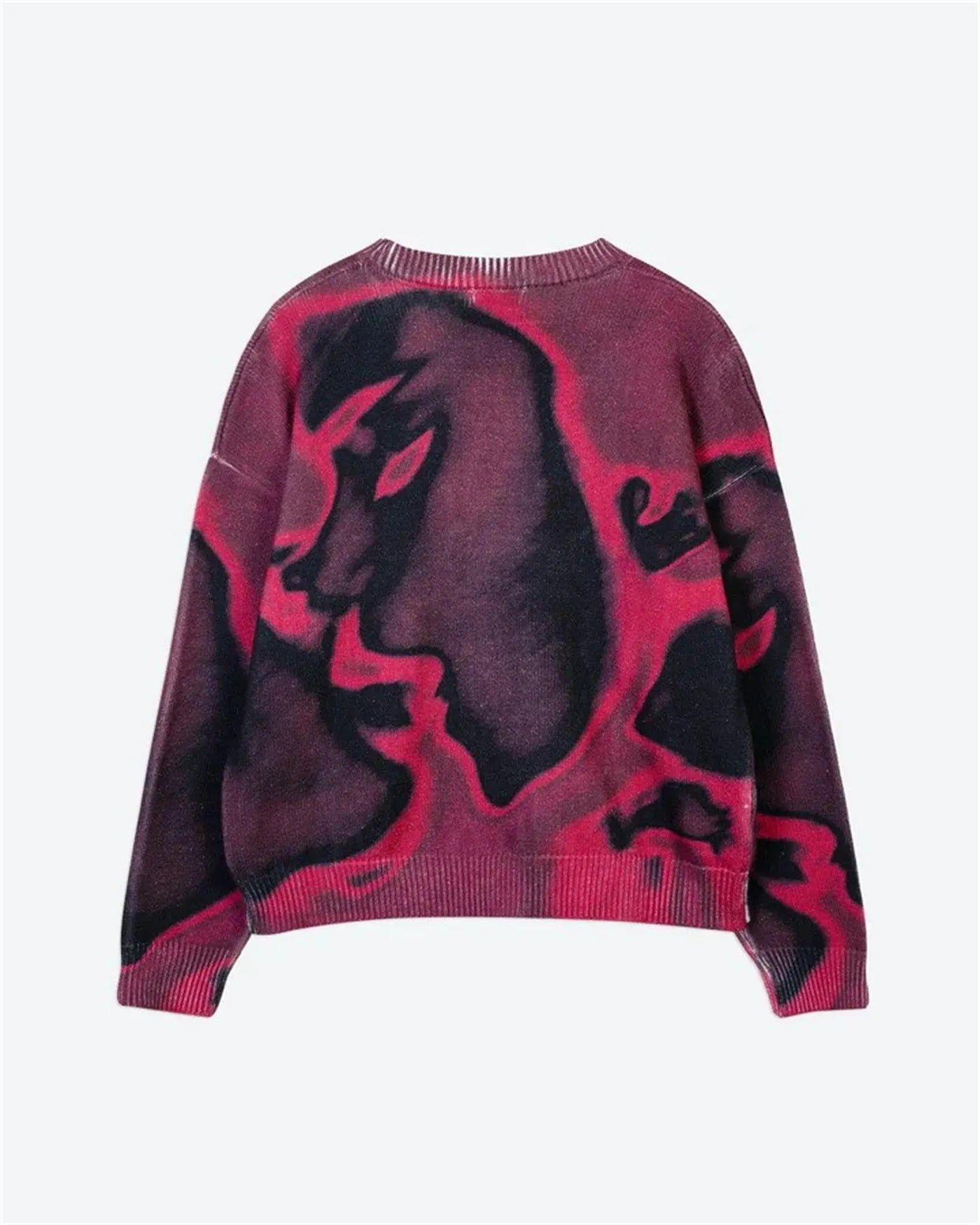 Fashion casual printed polyester sweater in Rose Red, front view, showing printed pattern and crew neckline