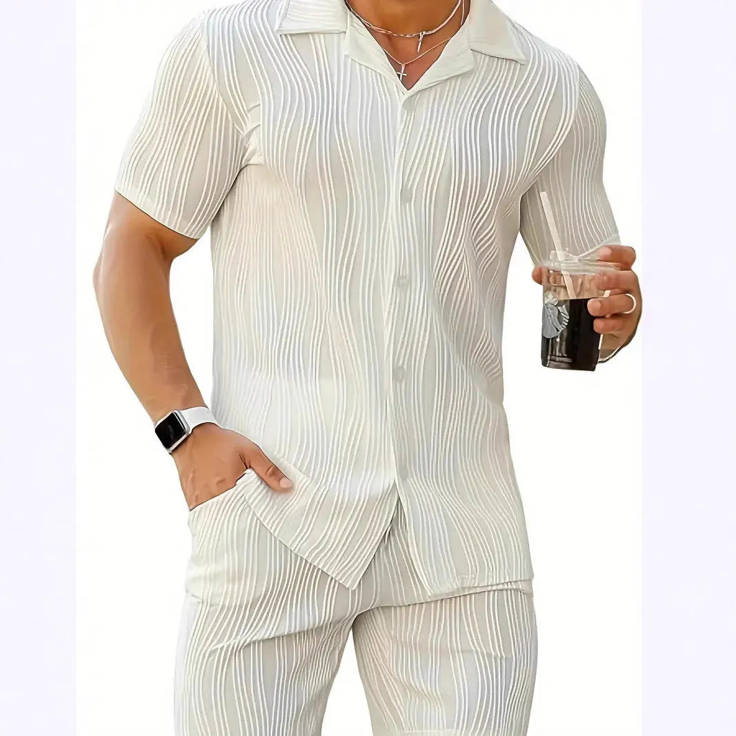 Men's black wave pattern shorts suit with short sleeve top and matching shorts