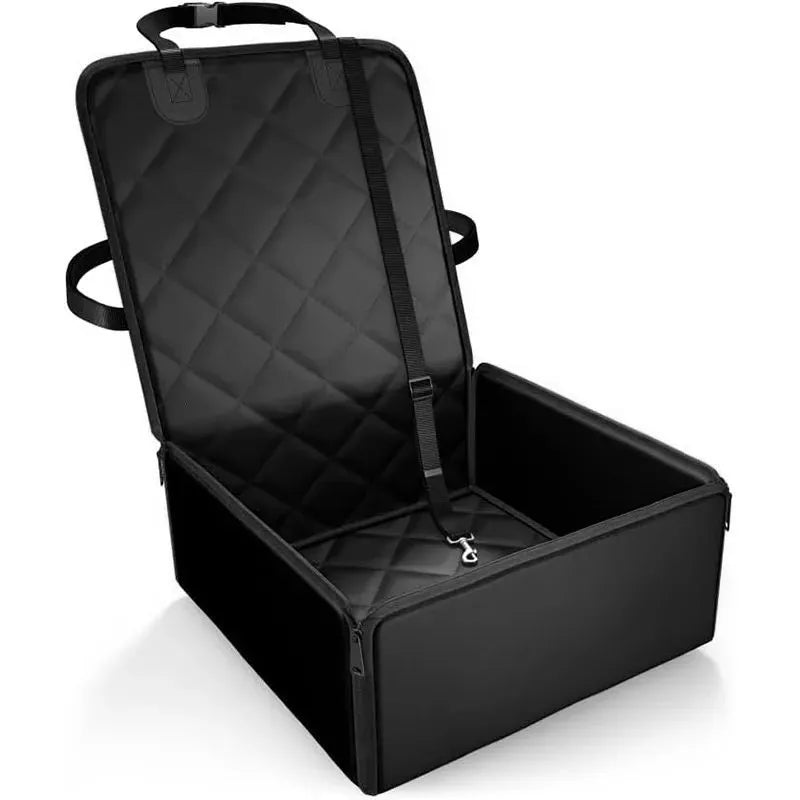 Large black dog car front seat pad with non-slip base on a car seat