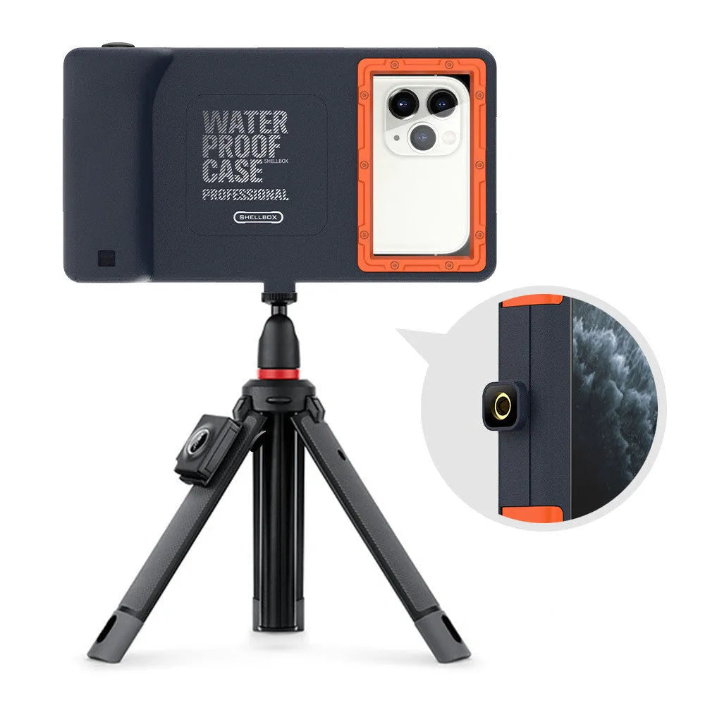 Orange universal waterproof phone case for iPhone and Samsung Galaxy models with clear touchscreen panel