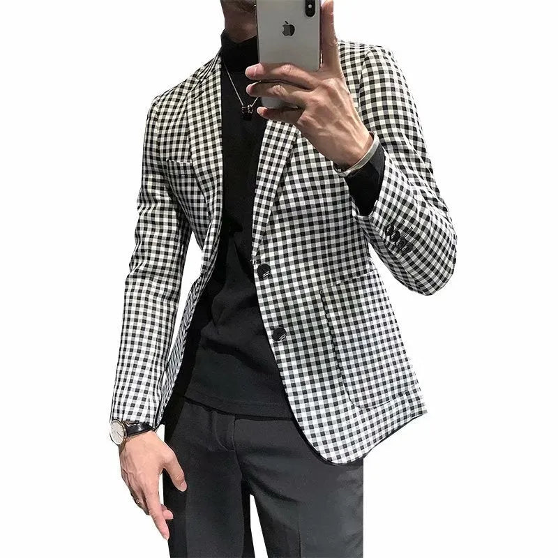 Black and white plaid loose fit casual jacket for youth work wear cotton blend