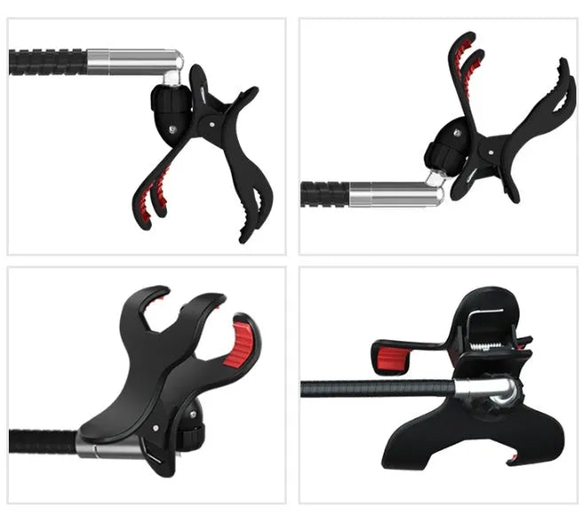Black mobile phone bed bracket with adjustable overhead arm holding smartphone