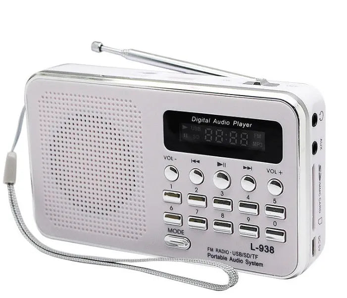 L-938 plugin MP3 speaker in white with button controls and USB interface