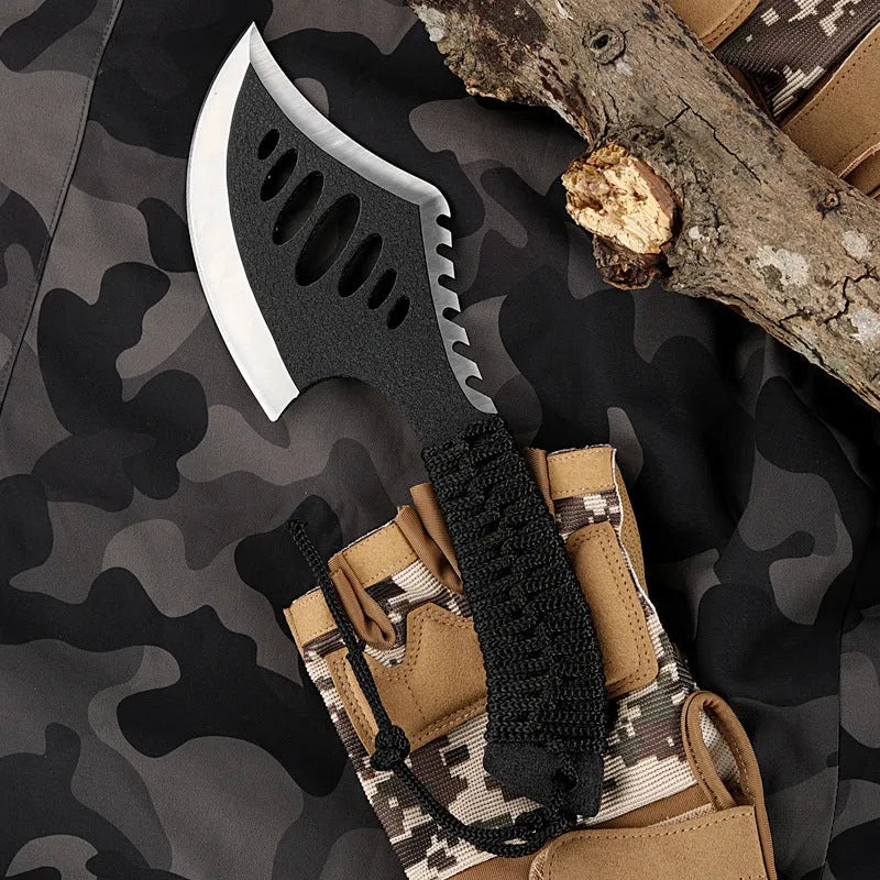 Multi purpose tactical axe with black high carbon steel blade and handle, 270mm total length, and woven umbrella rope handle guard