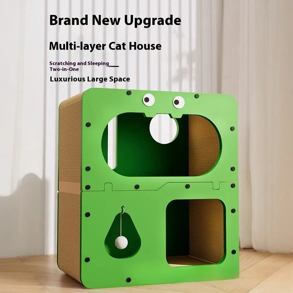 Double layer cat scratching board with integrated cat nest in a choice of decorative styles.