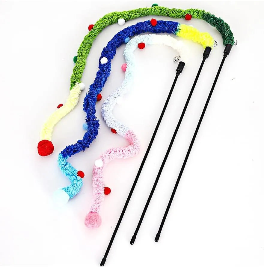 Blue interactive cat wand toy with a long plush strip and fluffy bell ball.