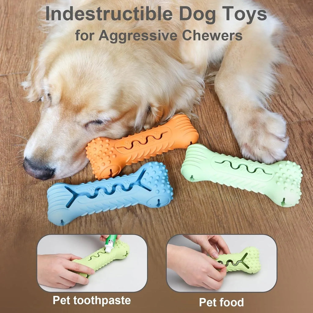 Blue, green, and orange bone-shaped natural rubber dog chew toy on a white background.
