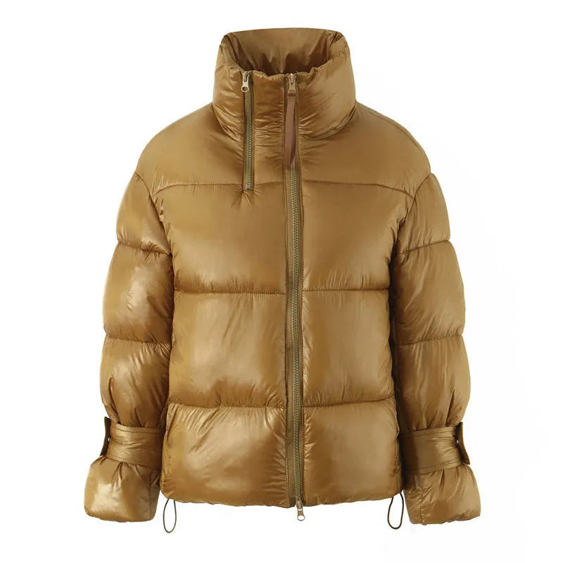 Women's gold puffer coat with stand-up collar, double zipper, long sleeves and straight fit, sizes S to L