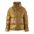 Women's gold puffer coat with stand-up collar, double zipper, long sleeves and straight fit, sizes S to L