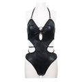 Black triangle one-piece backless swimsuit with gather detailing and wireless cup, on display