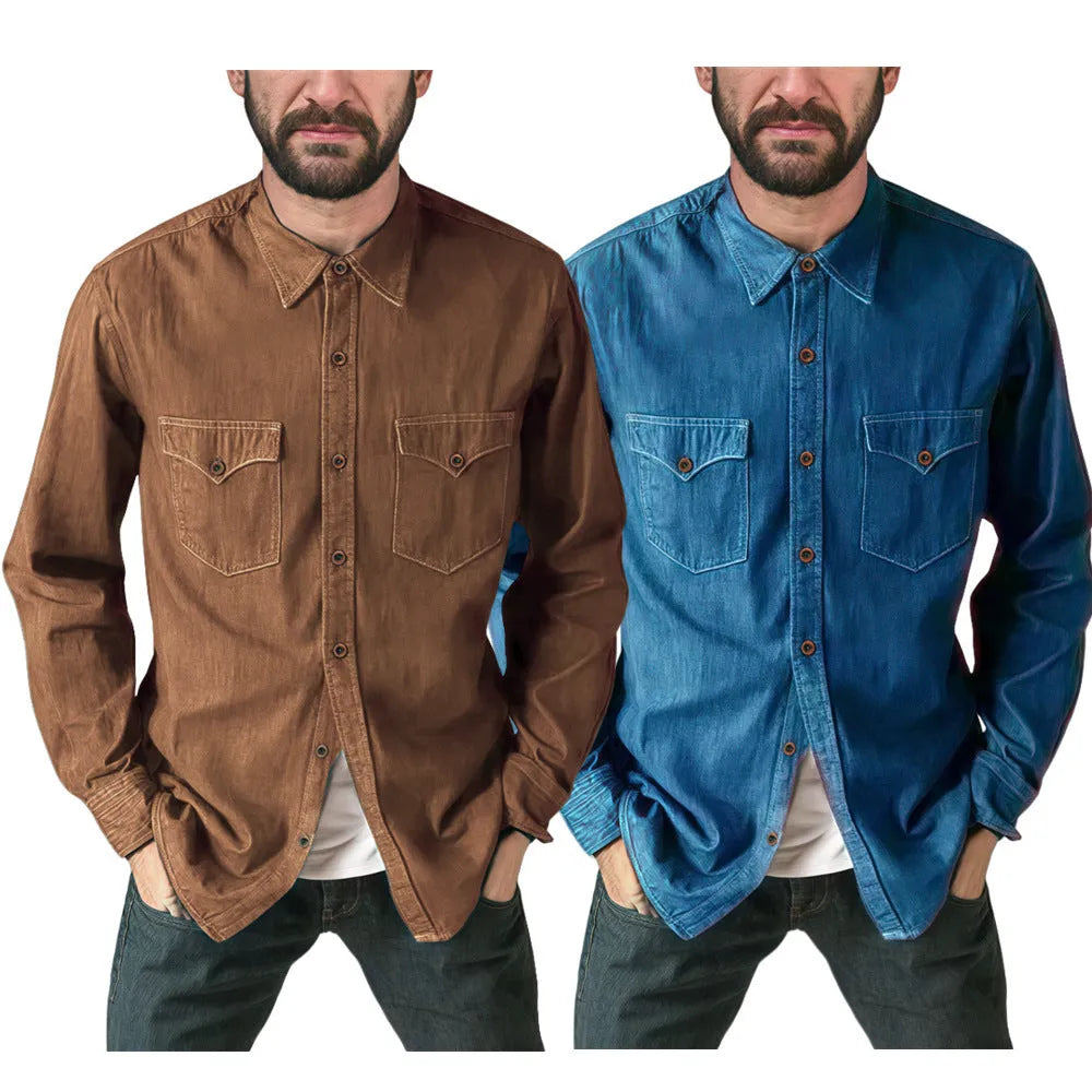 A long denim cardigan coat in a regular fit, shown in one of four available colours.