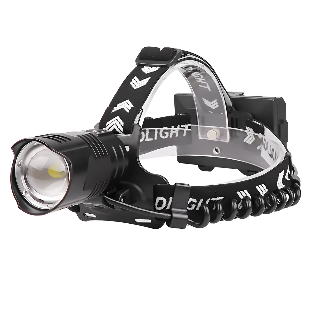 Black aluminium alloy USB charging head torch with telescopic zoom lens and three lighting modes