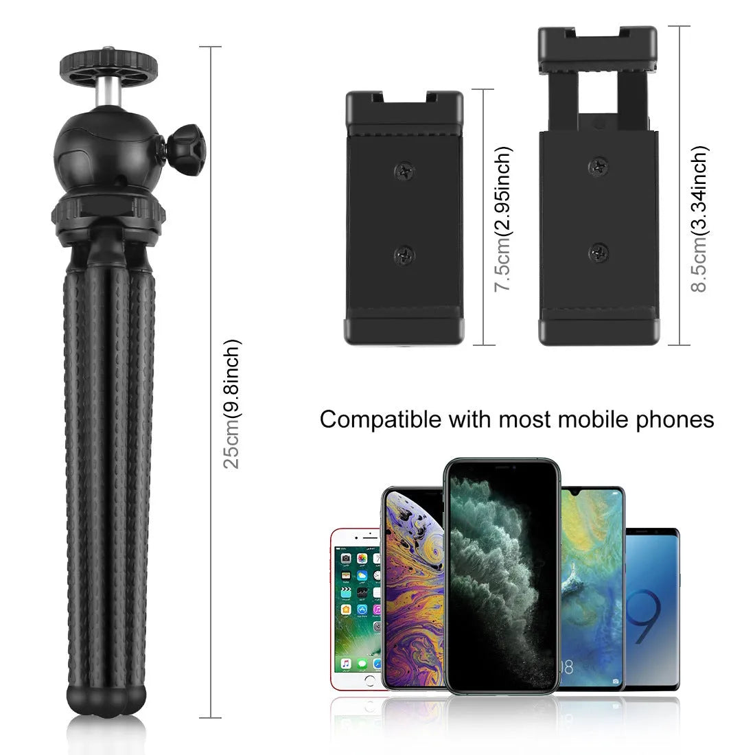 Black flexible mini tripod with rubber-coated legs and a 360-degree rotating ball head