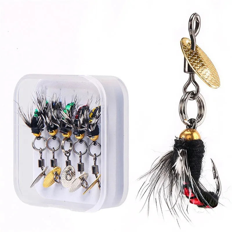 Five bionic poisonous mosquito fishing hooks with spinning sequins in multicolour patterns