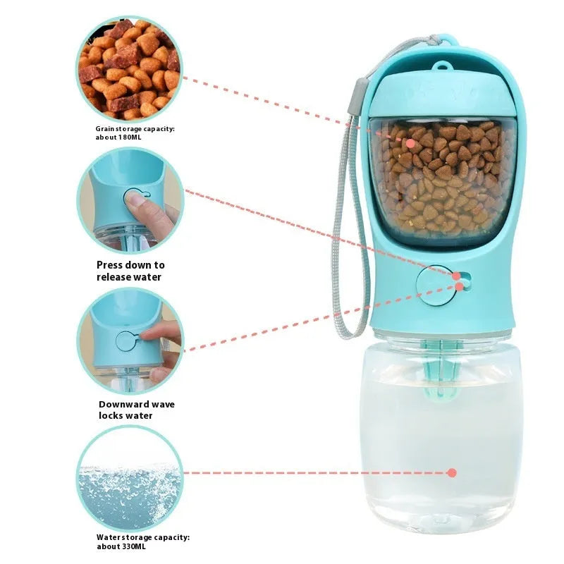 Blue portable plastic dog water cup with dual-use bowl design for outdoor walks.