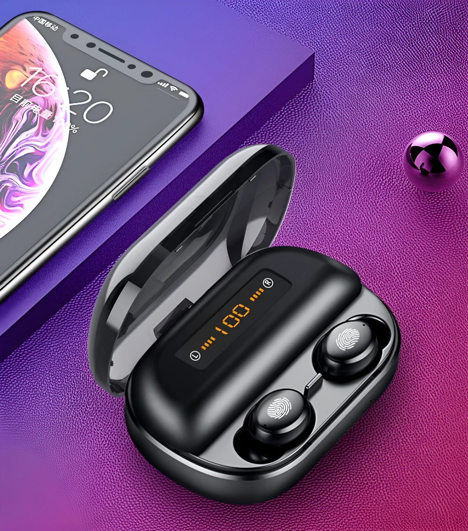 V11 Bluetooth earphone with digital display touch controls and 4000mAh charging storage box in black