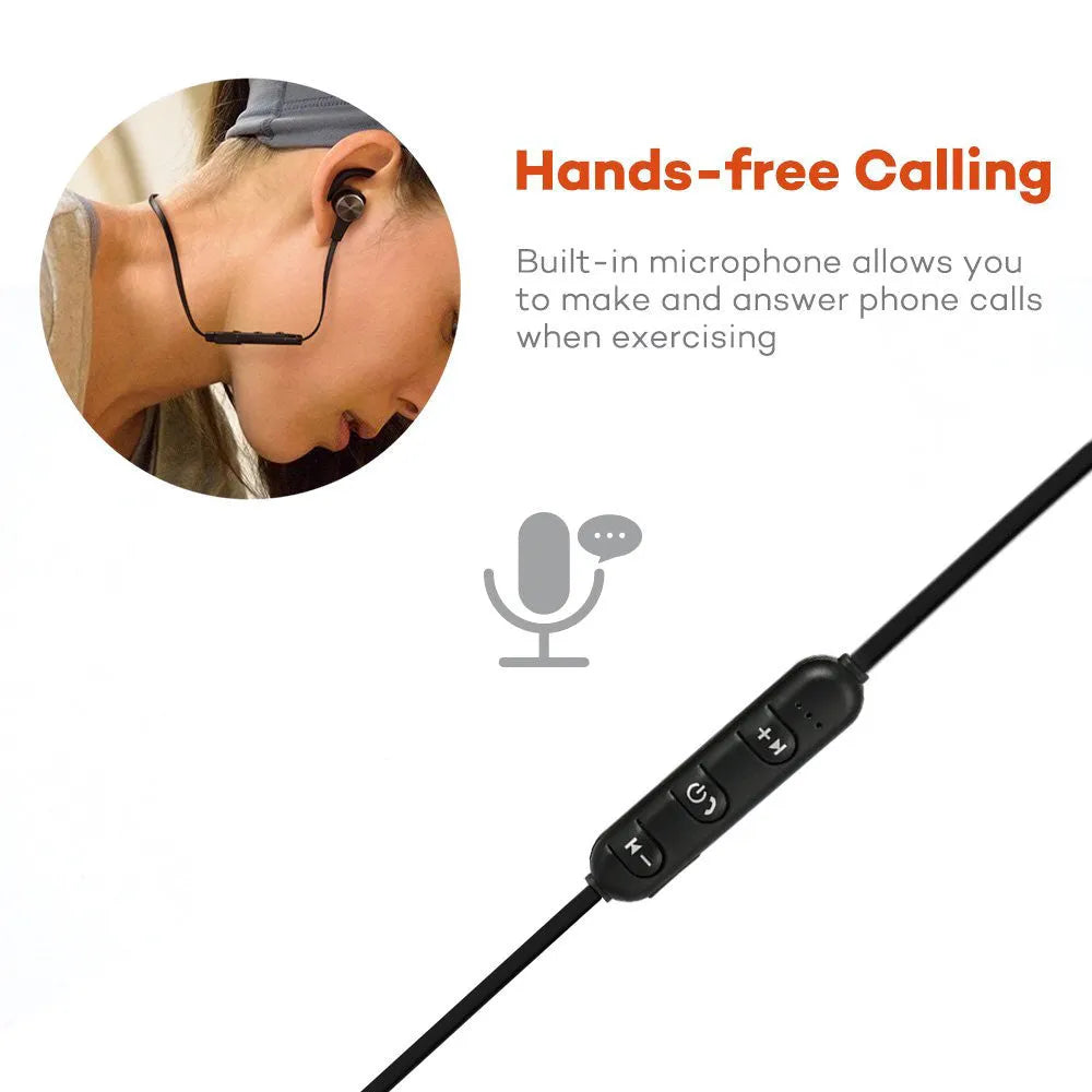 Magnetic Bluetooth CVC noise cancelling earbuds compatible with Apple devices, black plastic in-ear headset