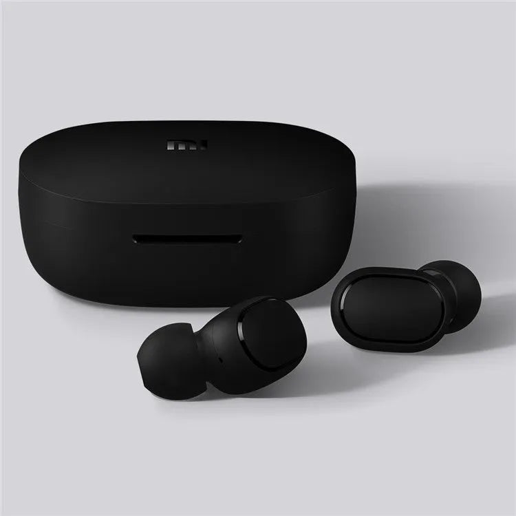 Redmi AirDots 2 black true wireless earbuds and charging case.